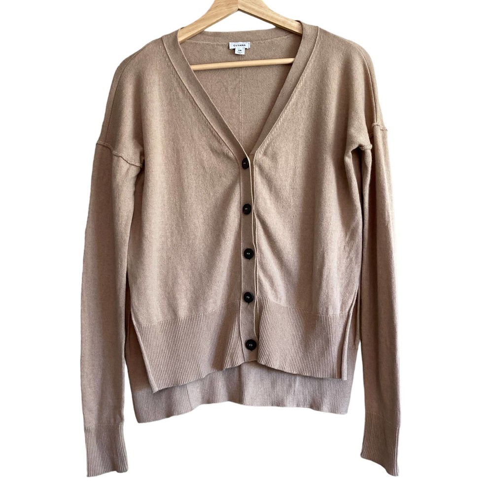 Cuyana Wool Cashmere Cardigan Small Camel Boxy V-Neck High Low Sweater